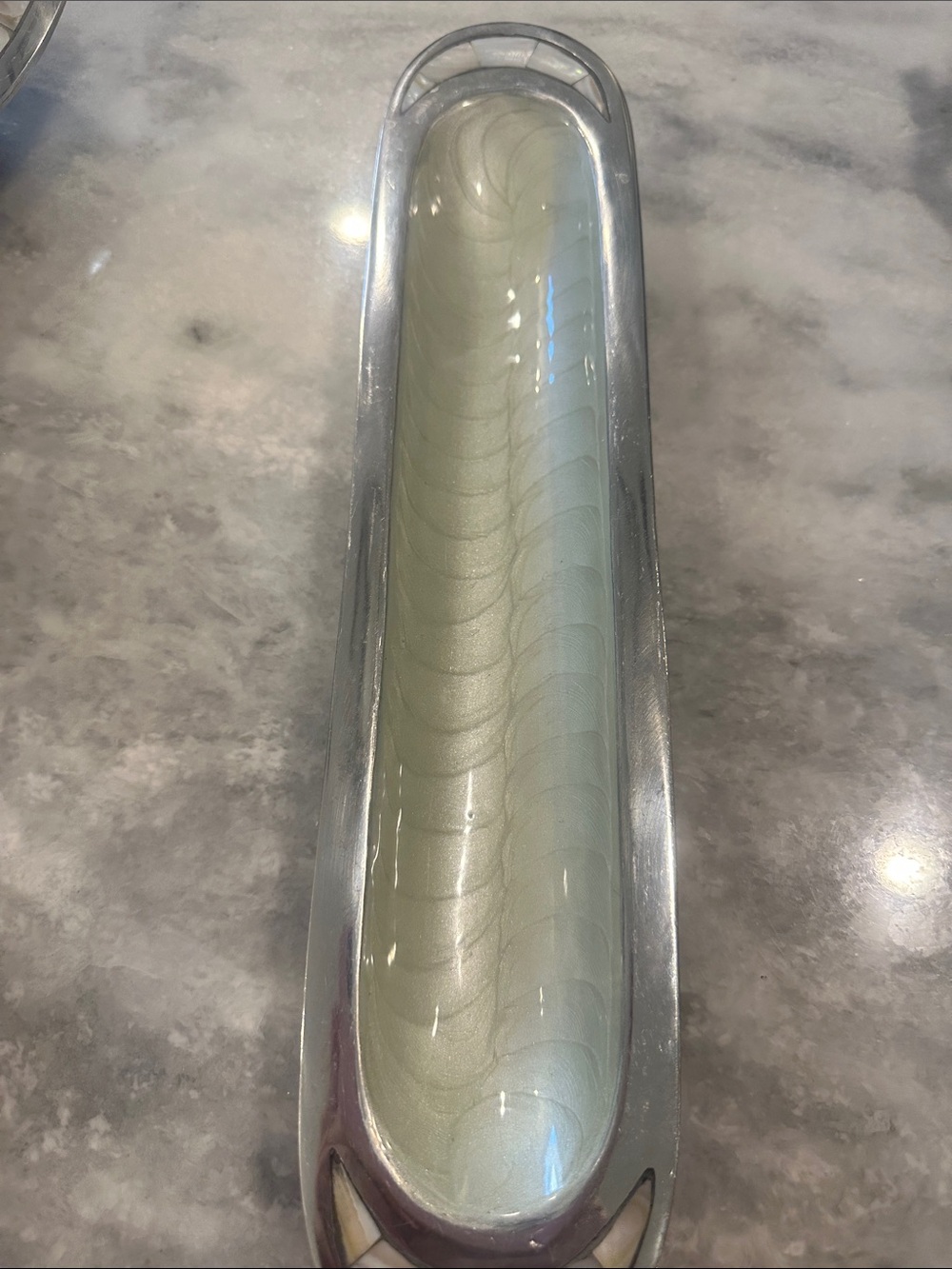 JUlia Knight long tray with pale green center and pearl mosaic accents.